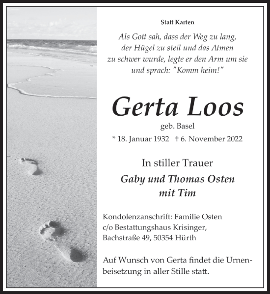 Anzeige von Gerta Loos von  Wochenende 