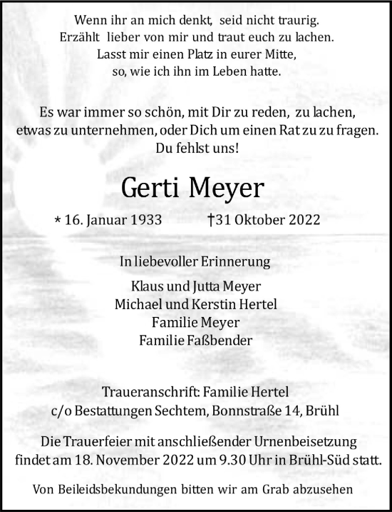 Anzeige von Gerti Meyer von  Schlossbote/Werbekurier 