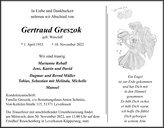 Anzeige von Gertraud Greszok von Kölner Stadt-Anzeiger / Kölnische Rundschau / Express