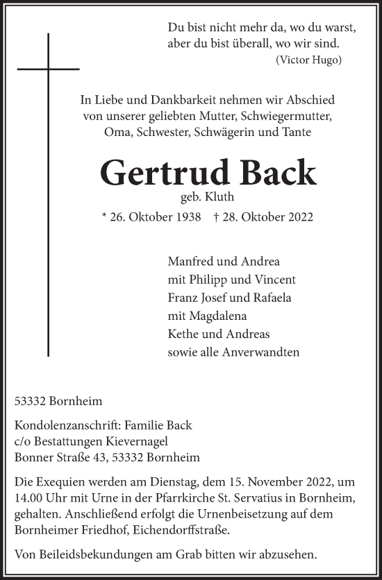 Anzeige von Gertrud Back von  Schaufenster/Blickpunkt 