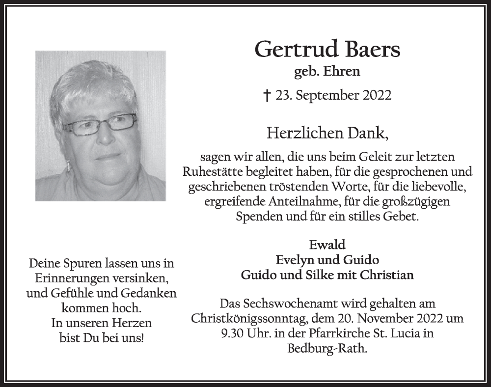  Traueranzeige für Gertrud Baers vom 11.11.2022 aus  Werbepost 