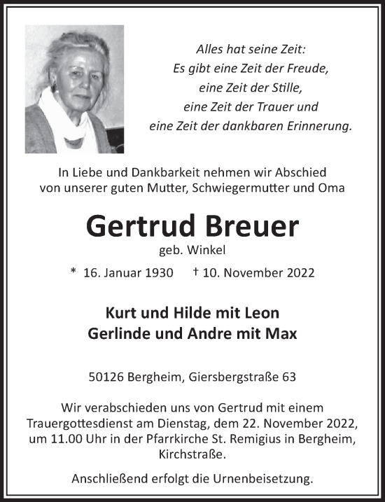 Anzeige von Gertrud Breuer von  Werbepost 