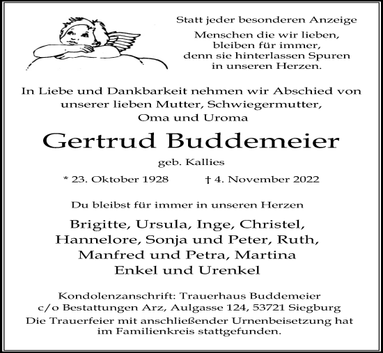 Anzeige von Gertrud Buddemeier von Kölner Stadt-Anzeiger / Kölnische Rundschau / Express