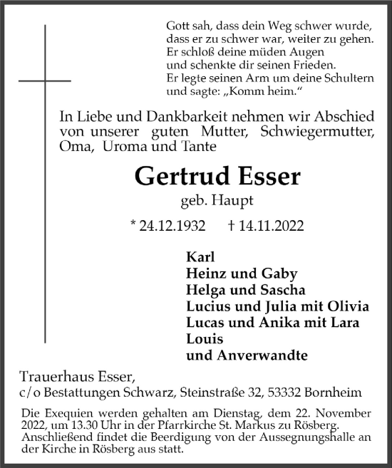 Anzeige von Gertrud Esser von  Schaufenster/Blickpunkt 