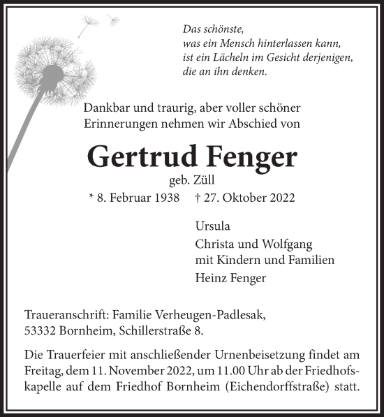 Anzeige von Gertrud Fenger von  Schaufenster/Blickpunkt 