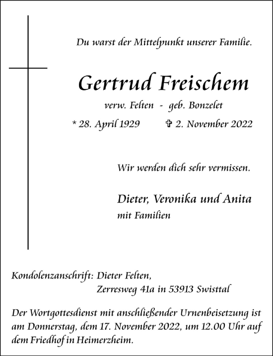 Anzeige von Gertrud Freischem von  Schaufenster/Blickpunkt 