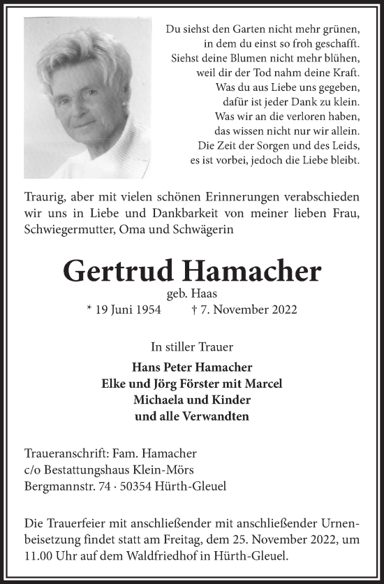 Anzeige von Gertrud Hamacher von  Wochenende 