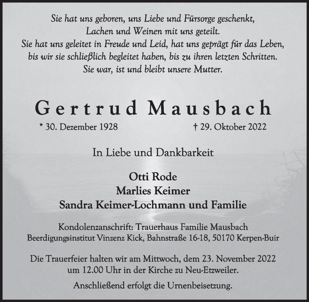  Traueranzeige für Gertrud Mausbach vom 18.11.2022 aus  Werbepost 
