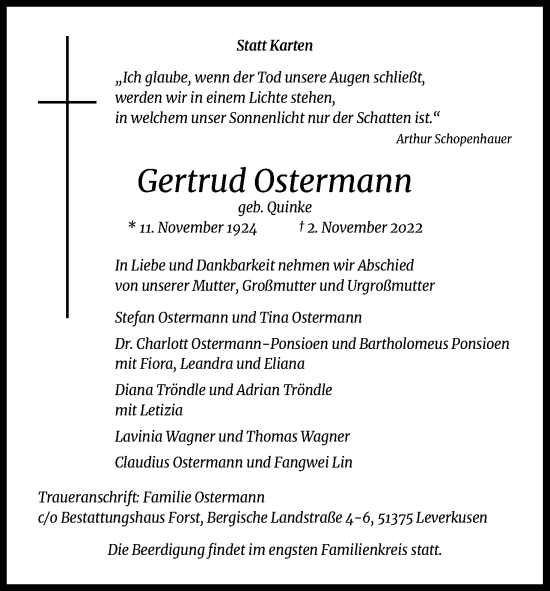 Anzeige von Gertrud Ostermann von Kölner Stadt-Anzeiger / Kölnische Rundschau / Express