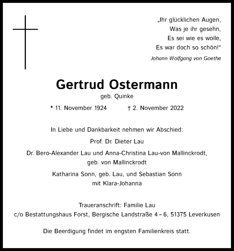  Traueranzeige für Gertrud Ostermann vom 09.11.2022 aus Kölner Stadt-Anzeiger / Kölnische Rundschau / Express