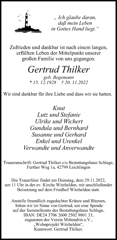 Anzeige von Gertrud Thilker von Kölner Stadt-Anzeiger / Kölnische Rundschau / Express
