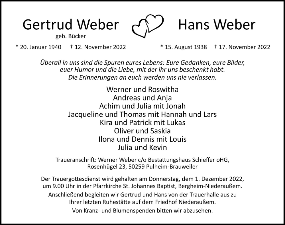  Traueranzeige für Gertrud Weber vom 25.11.2022 aus  Werbepost 