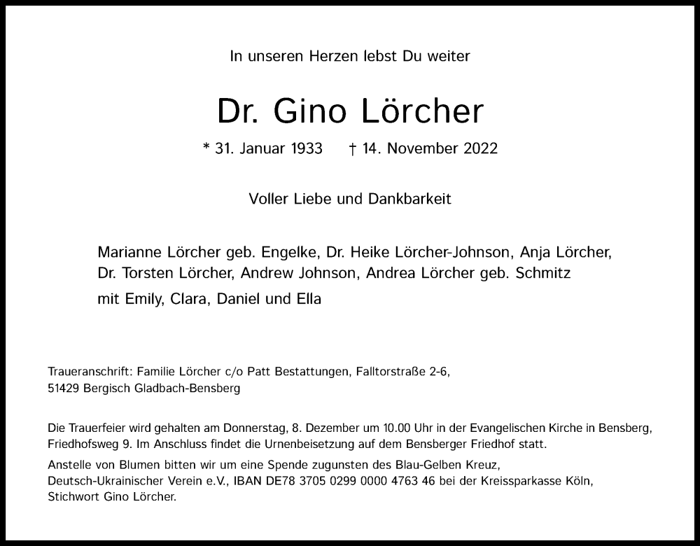  Traueranzeige für Gino Lörcher vom 26.11.2022 aus Kölner Stadt-Anzeiger / Kölnische Rundschau / Express