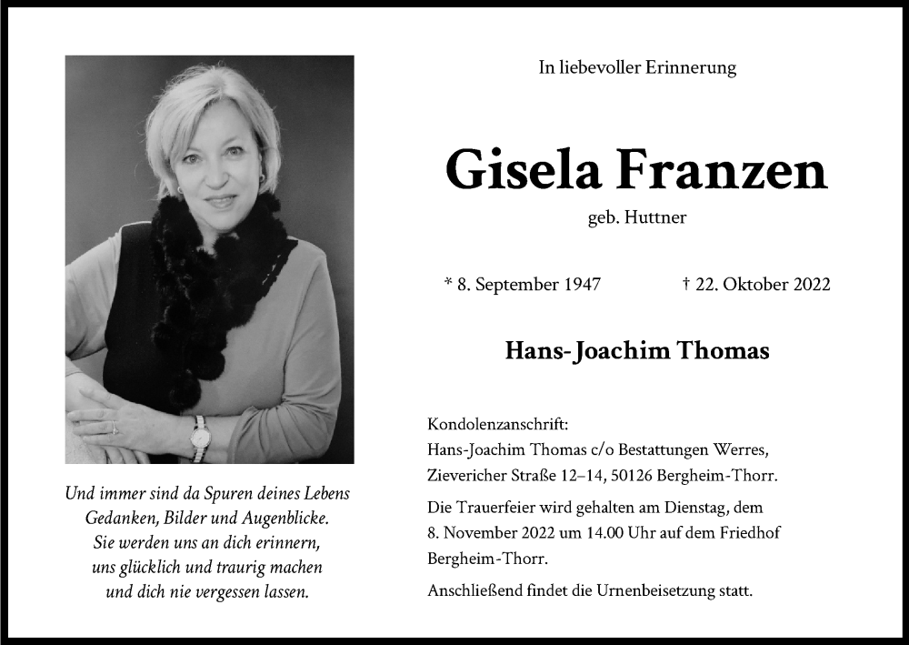  Traueranzeige für Gisela Franzen vom 05.11.2022 aus Kölner Stadt-Anzeiger / Kölnische Rundschau / Express