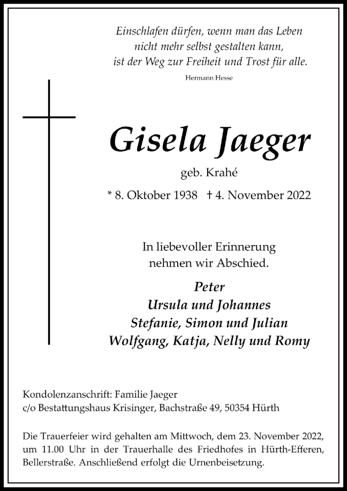  Traueranzeige für Gisela Jaeger vom 18.11.2022 aus  Wochenende 