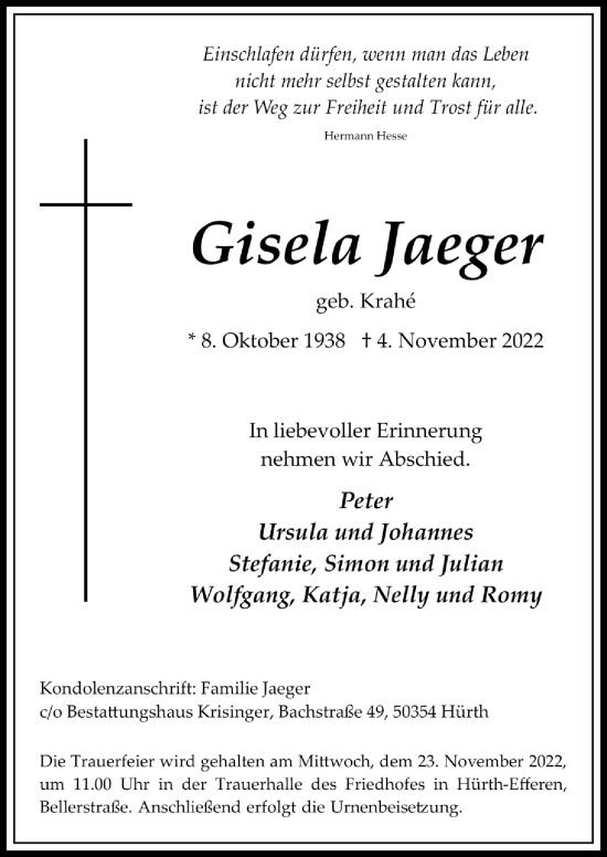 Anzeige von Gisela Jaeger von  Wochenende 