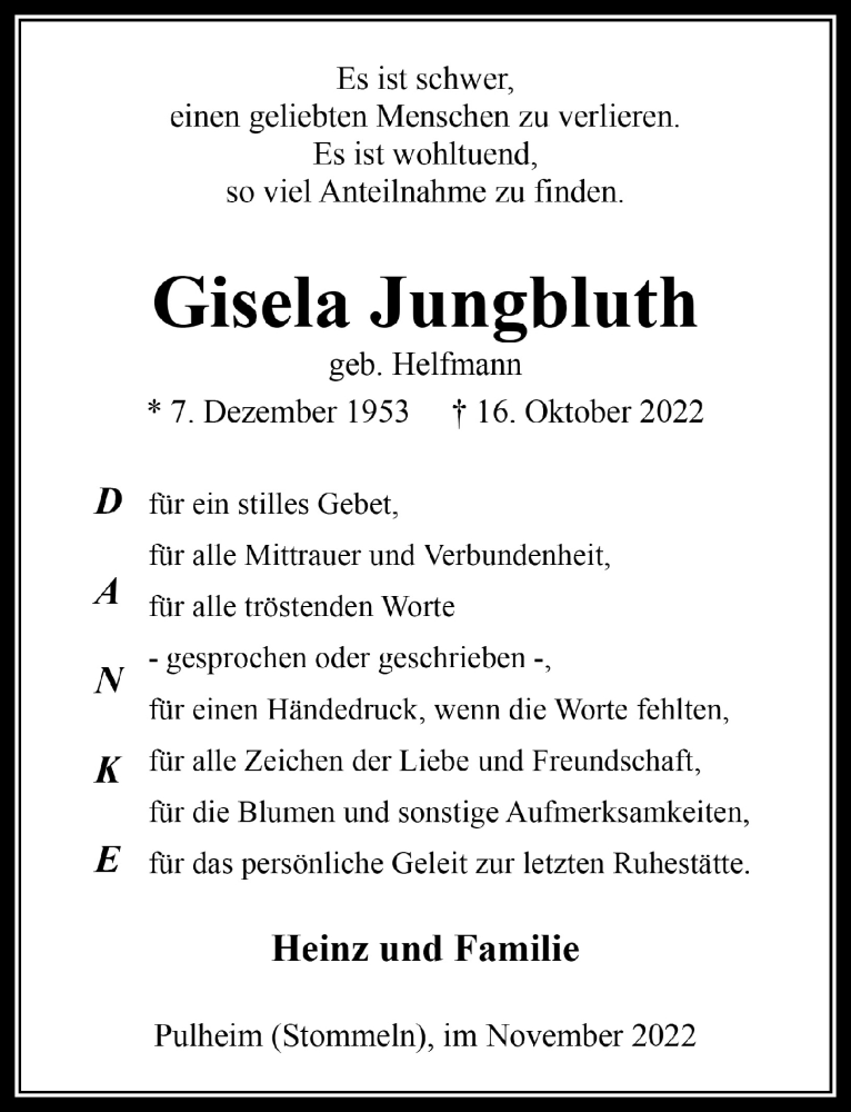  Traueranzeige für Gisela Jungbluth vom 18.11.2022 aus  Wochenende 