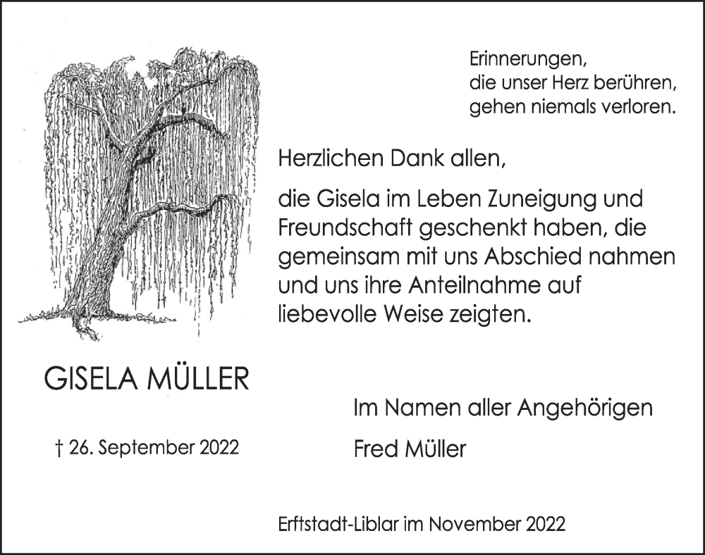  Traueranzeige für Gisela Müller vom 11.11.2022 aus  Werbepost 