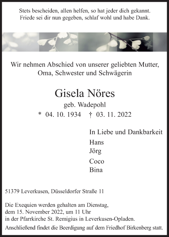 Anzeige von Gisela Nöres von Kölner Stadt-Anzeiger / Kölnische Rundschau / Express