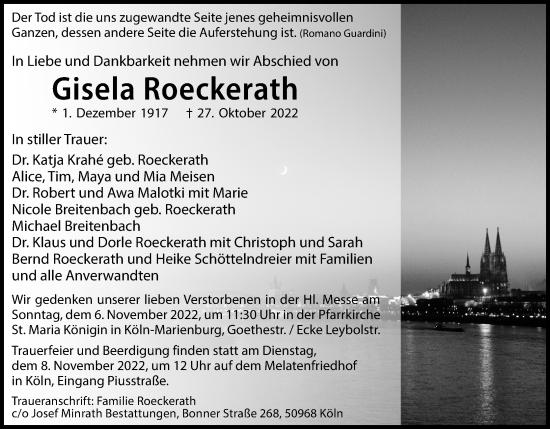 Anzeige von Gisela Roeckerath von Kölner Stadt-Anzeiger / Kölnische Rundschau / Express