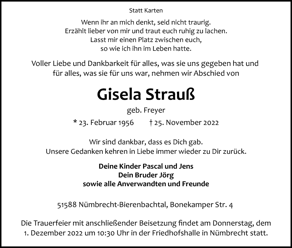  Traueranzeige für Gisela Strauß vom 28.11.2022 aus Kölner Stadt-Anzeiger / Kölnische Rundschau / Express