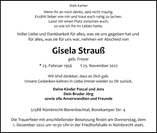 Anzeige von Gisela Strauß von Kölner Stadt-Anzeiger / Kölnische Rundschau / Express
