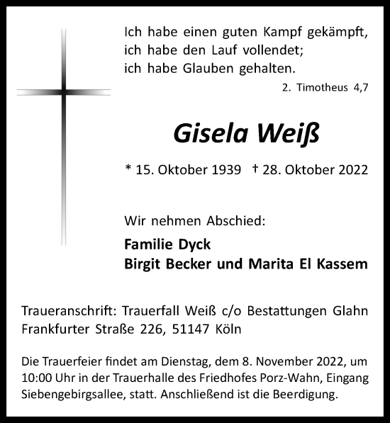 Anzeige von Gisela Weiß von  EXPRESS - Die Woche 