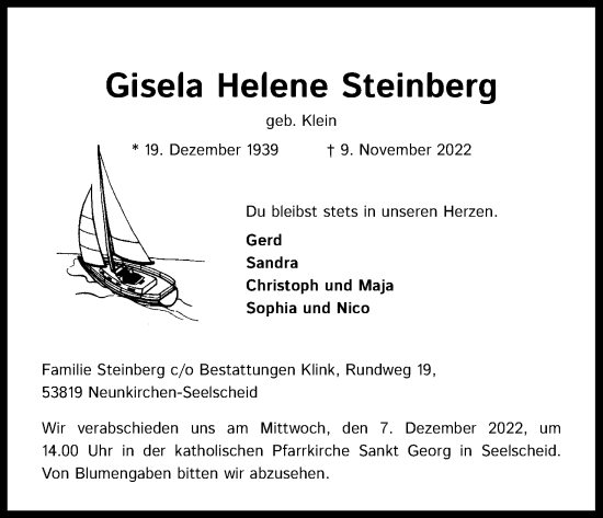 Anzeige von Gisela Helene Steinberg von Kölner Stadt-Anzeiger / Kölnische Rundschau / Express