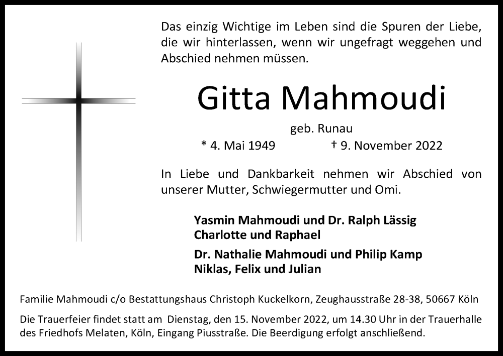  Traueranzeige für Gitta Mahmoudi vom 12.11.2022 aus Kölner Stadt-Anzeiger / Kölnische Rundschau / Express