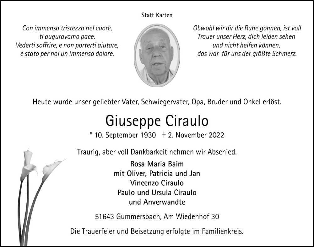  Traueranzeige für Giuseppe Ciraulo vom 11.11.2022 aus  Anzeigen Echo 