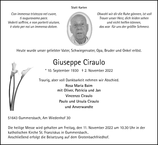 Anzeige von Giuseppe Ciraulo von Kölner Stadt-Anzeiger / Kölnische Rundschau / Express