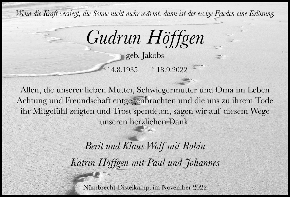  Traueranzeige für Gudrun Höffgen vom 25.11.2022 aus  Lokalanzeiger 
