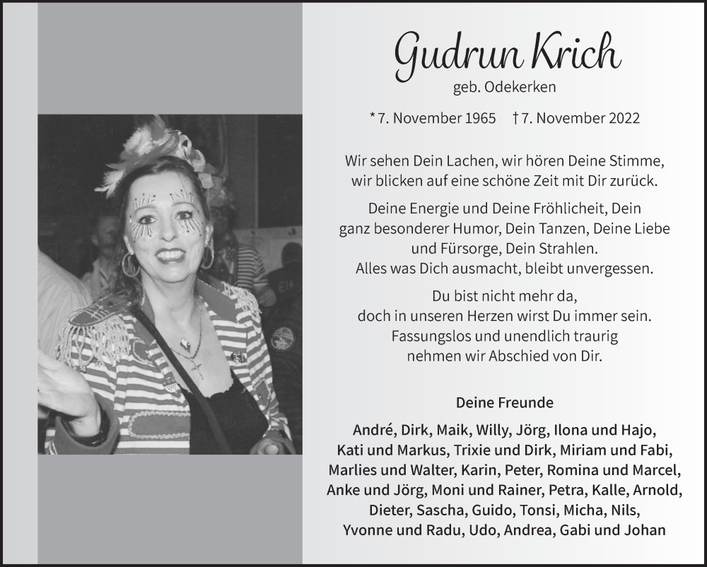  Traueranzeige für Gudrun Krich vom 26.11.2022 aus  Blickpunkt Euskirchen 
