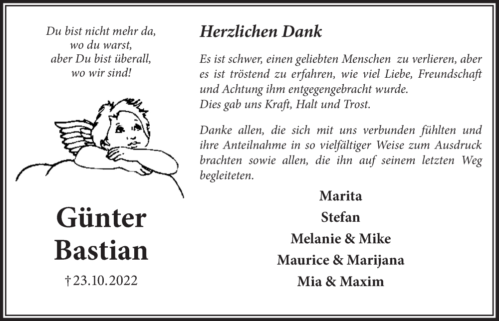  Traueranzeige für Günter Bastian vom 25.11.2022 aus  Schlossbote/Werbekurier 