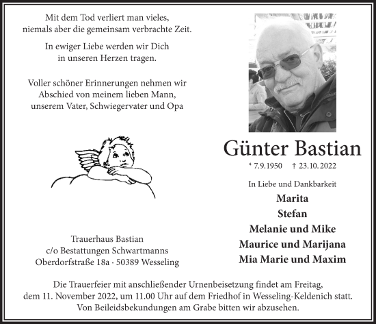 Anzeige von Günter Bastian von  Schlossbote/Werbekurier 