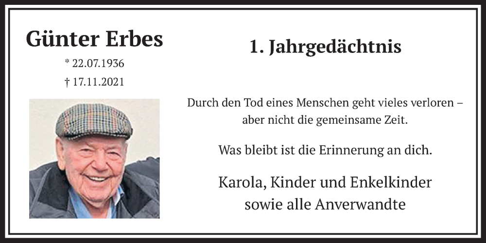  Traueranzeige für Günter Erbes vom 11.11.2022 aus  Wochenende 