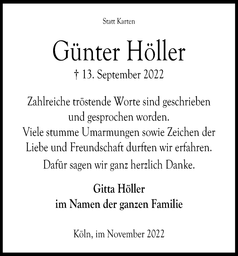  Traueranzeige für Günter Höller vom 05.11.2022 aus Kölner Stadt-Anzeiger / Kölnische Rundschau / Express