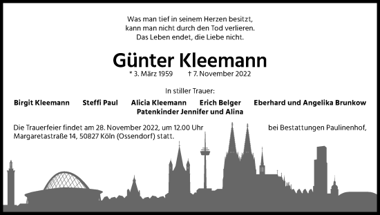 Anzeige von Günter Kleemann von Kölner Stadt-Anzeiger / Kölnische Rundschau / Express