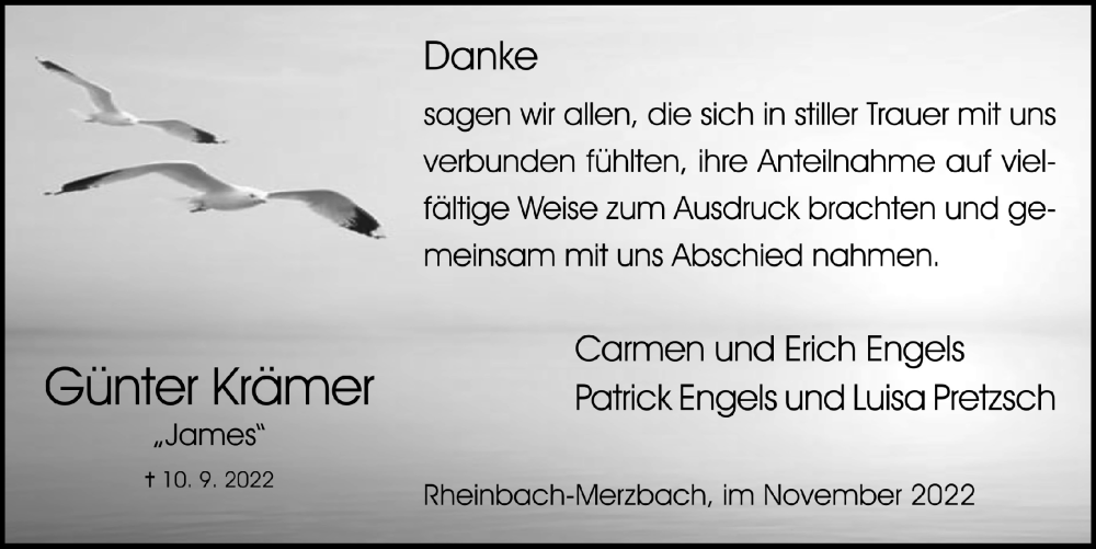  Traueranzeige für Günter Krämer vom 04.11.2022 aus  Schaufenster/Blickpunkt 