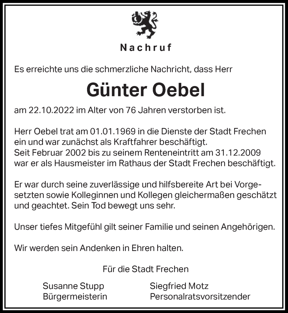  Traueranzeige für Günter Oebel vom 18.11.2022 aus  Wochenende 