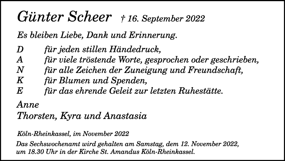  Traueranzeige für Günter Scheer vom 12.11.2022 aus Kölner Stadt-Anzeiger / Kölnische Rundschau / Express