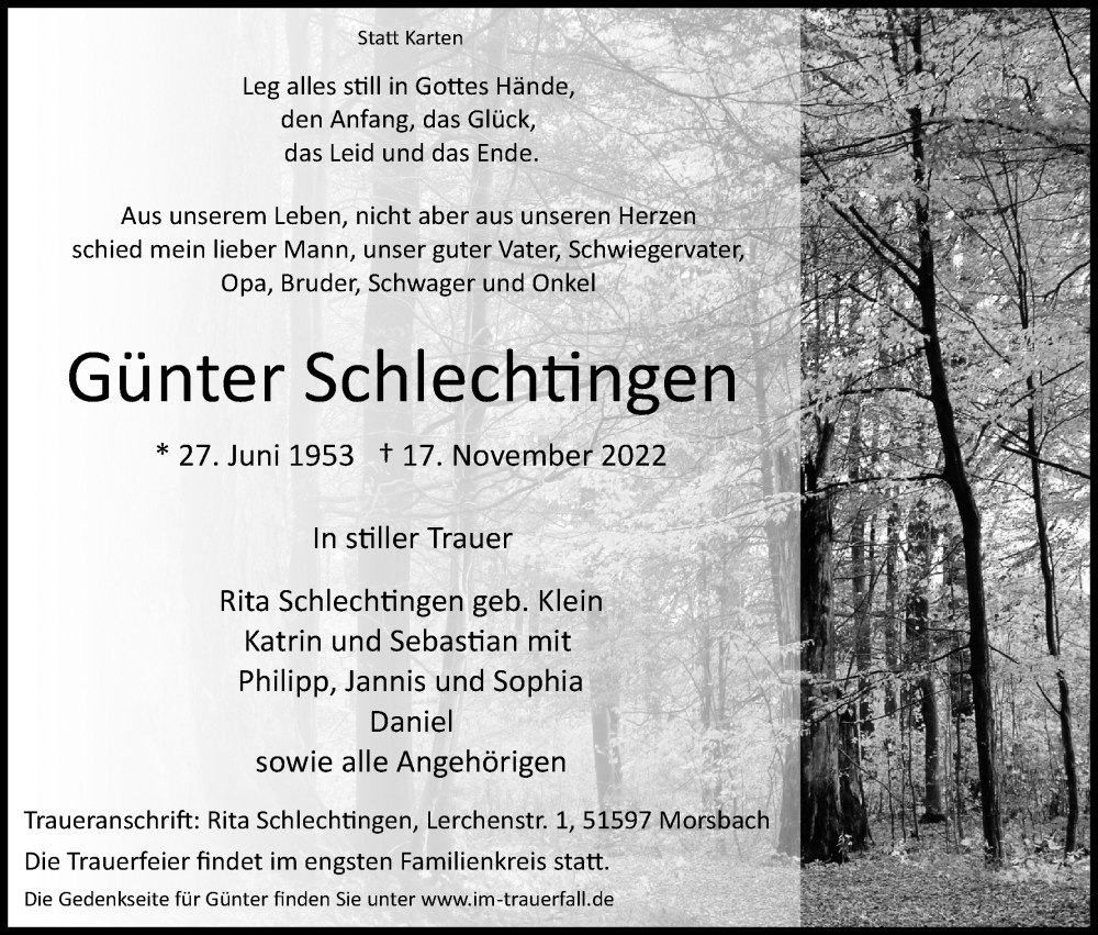  Traueranzeige für Günter Schlechtingen vom 22.11.2022 aus Kölner Stadt-Anzeiger / Kölnische Rundschau / Express