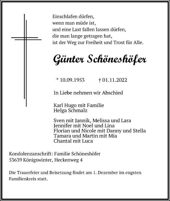 Anzeige von Günter Schöneshöfer von Kölner Stadt-Anzeiger / Kölnische Rundschau / Express