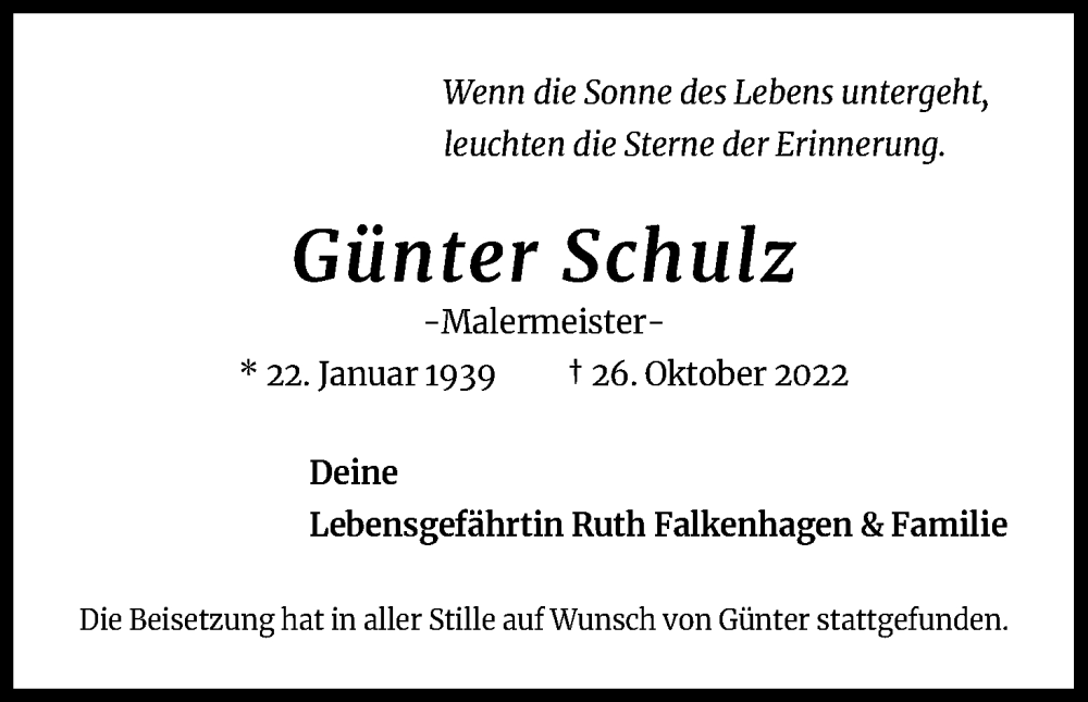  Traueranzeige für Günter Schulz vom 12.11.2022 aus Kölner Stadt-Anzeiger / Kölnische Rundschau / Express