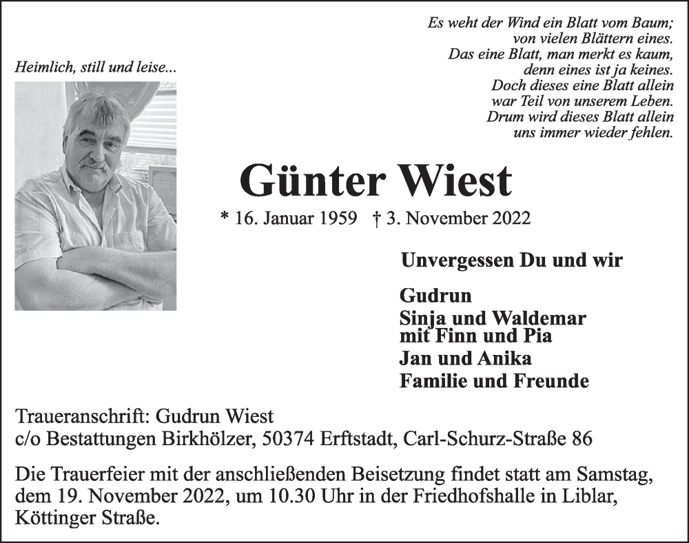  Traueranzeige für Günter Wiest vom 18.11.2022 aus  Werbepost 