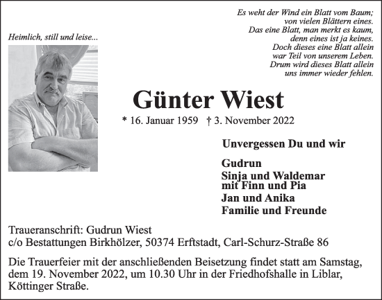 Anzeige von Günter Wiest von  Werbepost 