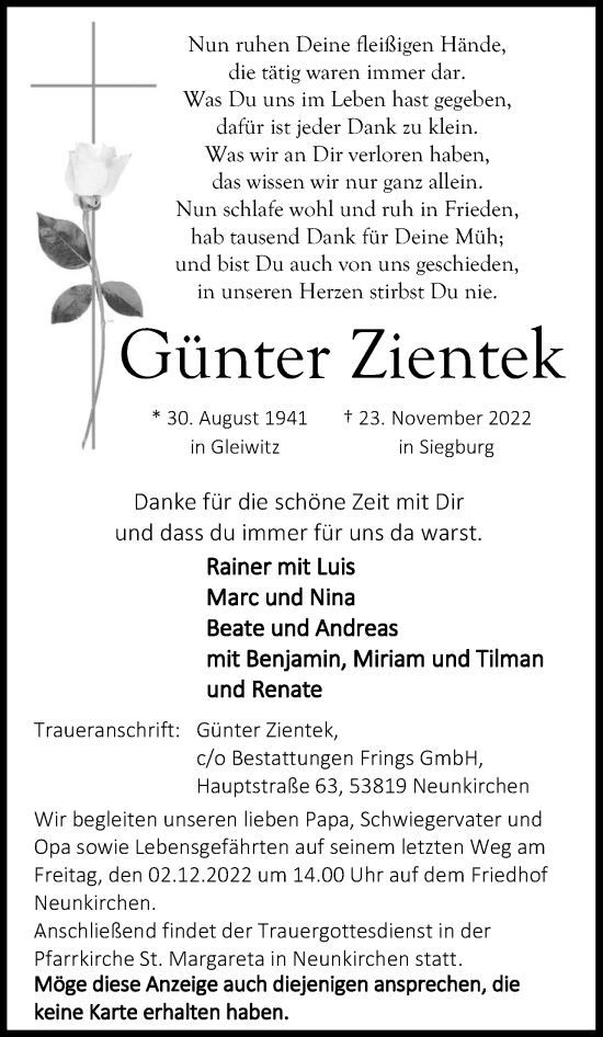 Anzeige von Günter Zientek von Kölner Stadt-Anzeiger / Kölnische Rundschau / Express