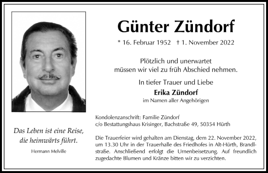 Anzeige von Günter Zündorf von  Wochenende 
