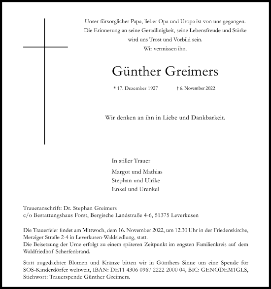 Anzeige von Günther Greimers von Kölner Stadt-Anzeiger / Kölnische Rundschau / Express