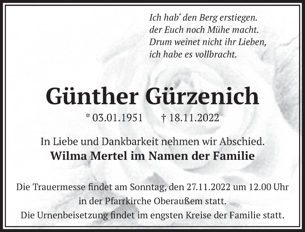  Traueranzeige für Günther Gürzenich vom 25.11.2022 aus  Werbepost 